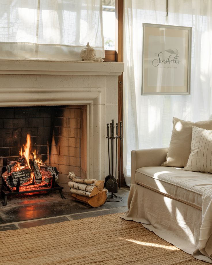 42 Fireplace Ideas 2026_ Electric Gas Stone Farmhouse Modern Designs for Every Home Cozy living room with a lit fireplace, soft beige sofa, and decorative seashell art, creating a warm, inviting ambiance. | Sky Rye Design Cozy living room with a lit fireplace, soft beige sofa, and decorative seashell art, creating a warm, inviting ambiance.