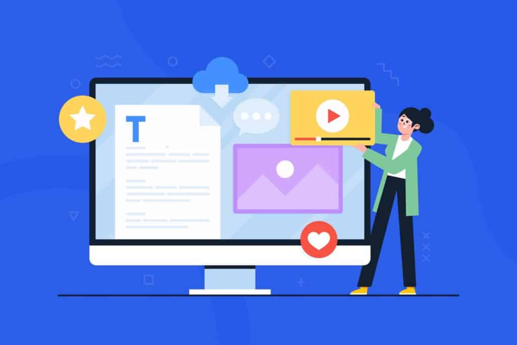 4249738-scaled Illustration of a person organizing digital content on a computer screen, including text, images, and video, with a blue background. | Sky Rye Design Illustration of a person organizing digital content on a computer screen, including text, images, and video, with a blue background.