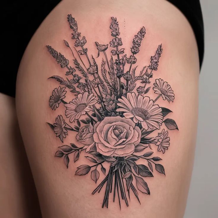 43 Unique Upper Thigh Tattoo Ideas for Women Floral tattoo design featuring a detailed bouquet of roses, daisies, and lavender on skin, showcasing intricate black and gray shading. | Sky Rye Design Floral tattoo design featuring a detailed bouquet of roses, daisies, and lavender on skin, showcasing intricate black and gray shading.