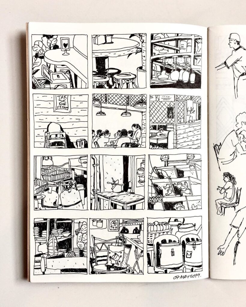 458576dc97a14c19e18b4a10c1efcc68 Black and white comic strip illustrating various scenes inside a cozy café with customers and decor details. | Sky Rye Design Black and white comic strip illustrating various scenes inside a cozy café with customers and decor details.