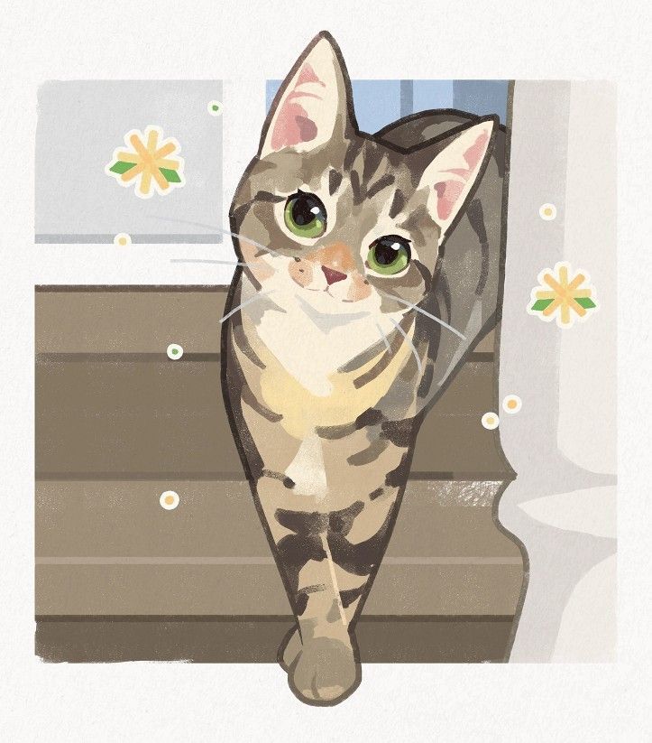 Illustration of a cute tabby cat with green eyes, standing playfully on a staircase with floral decorations in the background.