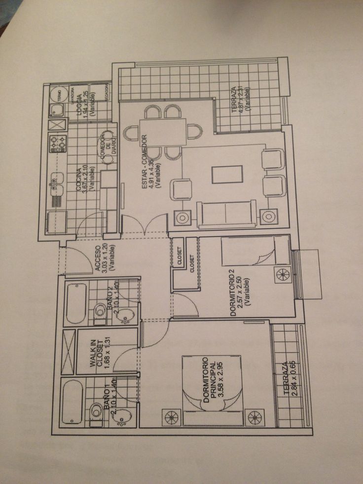 Floor plan showing a two-bedroom apartment layout with kitchen, living room, bathrooms, and terrace area.