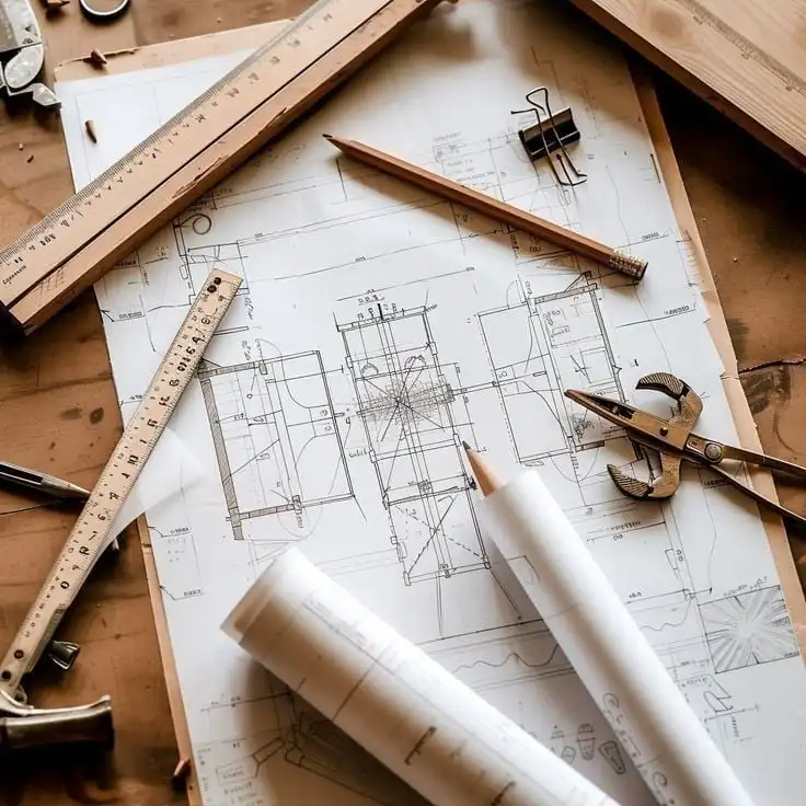 4b2145553589f2123c82a142dbd02760 Architectural blueprints with pencils, rulers, and drafting tools on a wooden desk, ideal workspace for design and planning projects. | Sky Rye Design Architectural blueprints with pencils, rulers, and drafting tools on a wooden desk, ideal workspace for design and planning projects.