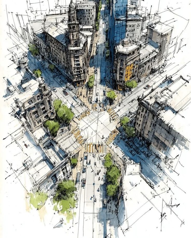 4b47a685-7492-4fec-bc4b-48039d27a42e Illustrated cityscape showing a bustling urban intersection from above, surrounded by historic buildings and lush greenery. | Sky Rye Design Illustrated cityscape showing a bustling urban intersection from above, surrounded by historic buildings and lush greenery.