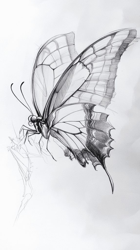 Detailed pencil drawing of a butterfly in flight, showcasing intricate wing patterns and delicate lines on a white background.