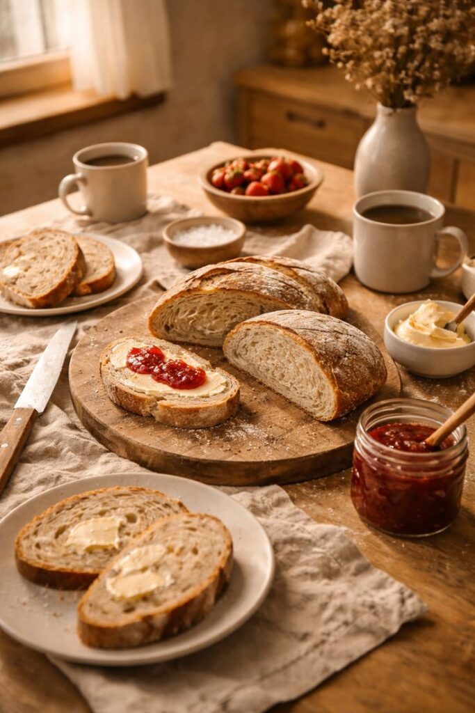 4dc82e63-6364-4a34-a349-f3540cb1a58c Rustic breakfast setup with fresh bread, butter, jam, coffee, and strawberries on a wooden table in warm morning light. | Sky Rye Design Rustic breakfast setup with fresh bread, butter, jam, coffee, and strawberries on a wooden table in warm morning light.