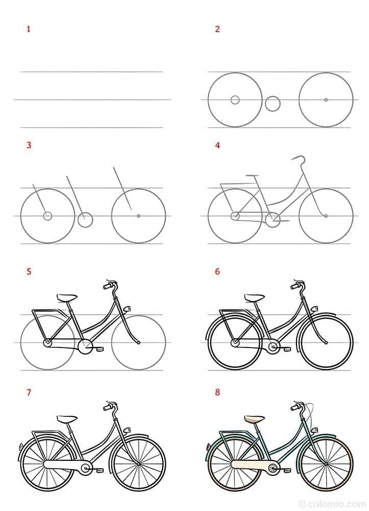 4fd66d75956bae05be055d9ebbdde42d Step-by-step bicycle drawing guide from basic outlines to a complete colored bike illustration, featuring numbered stages 1 to 8. | Sky Rye Design Step-by-step bicycle drawing guide from basic outlines to a complete colored bike illustration, featuring numbered stages 1 to 8.