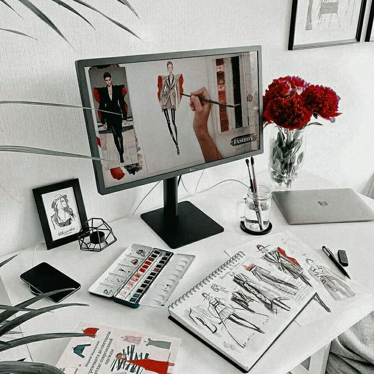 _ 5 Fashion design workspace with sketches on a monitor and notebook, watercolors, and flowers, creating a creative and inspiring environment. | Sky Rye Design Fashion design workspace with sketches on a monitor and notebook, watercolors, and flowers, creating a creative and inspiring environment.
