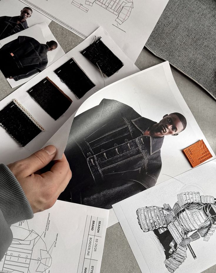 Screenshot Designer holds fashion sketches and fabric swatches, showcasing ideas for a new denim collection. Stylish and creative design process. | Sky Rye Design Designer holds fashion sketches and fabric swatches, showcasing ideas for a new denim collection. Stylish and creative design process.