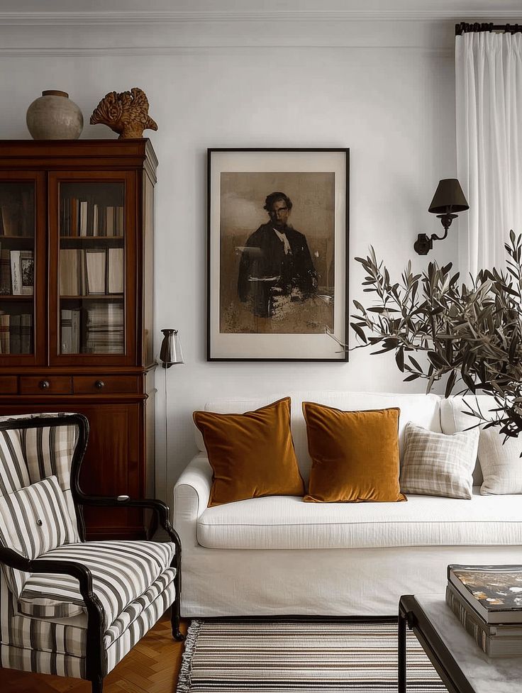 _ 5 Cozy living room with a white sofa, orange cushions, striped chair, bookshelf, and wall art, creating a warm, eclectic vibe. | Sky Rye Design Cozy living room with a white sofa, orange cushions, striped chair, bookshelf, and wall art, creating a warm, eclectic vibe.