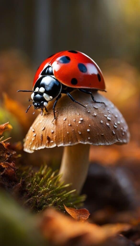_ 5 Ladybug on a mushroom in autumn forest, vibrant red with black spots, surrounded by fallen leaves and moss, nature macro shot. | Sky Rye Design Ladybug on a mushroom in autumn forest, vibrant red with black spots, surrounded by fallen leaves and moss, nature macro shot.