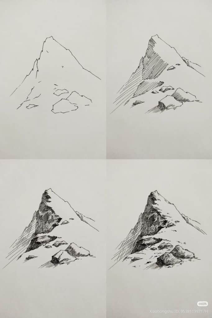 _ 5 Four-step pen drawing tutorial of a mountain, showcasing progressive shading and detailing techniques on white paper. | Sky Rye Design Four-step pen drawing tutorial of a mountain, showcasing progressive shading and detailing techniques on white paper.
