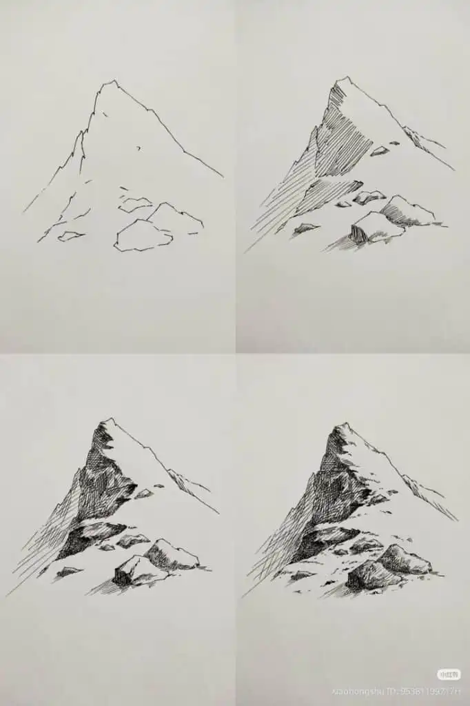 Four-step pen drawing tutorial of a mountain, showcasing progressive shading and detailing techniques on white paper.