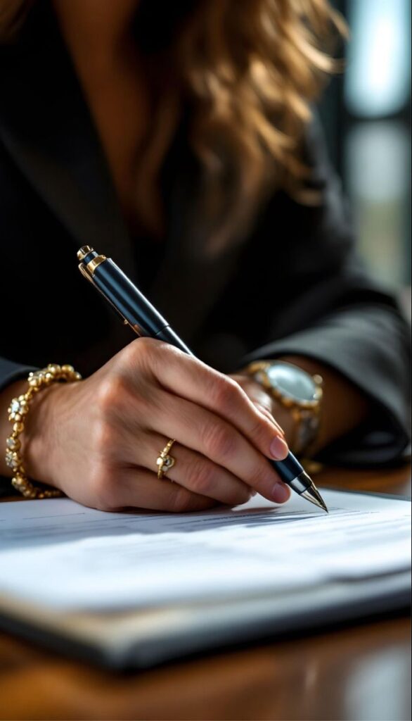 _ 5 Close-up of a woman's hand signing a document with a pen, wearing gold jewelry, symbolizing business or legal agreement. | Sky Rye Design Close-up of a woman's hand signing a document with a pen, wearing gold jewelry, symbolizing business or legal agreement.