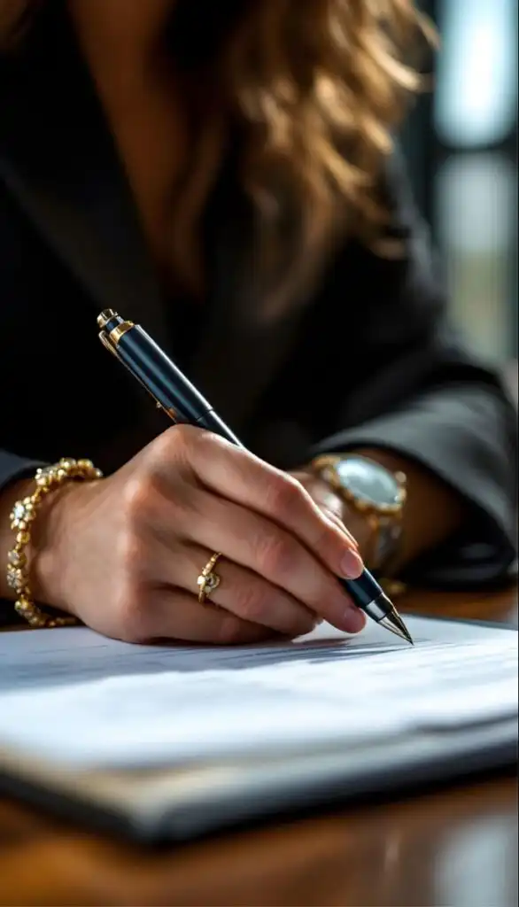 Close-up of a woman's hand signing a document with a pen, wearing gold jewelry, symbolizing business or legal agreement.