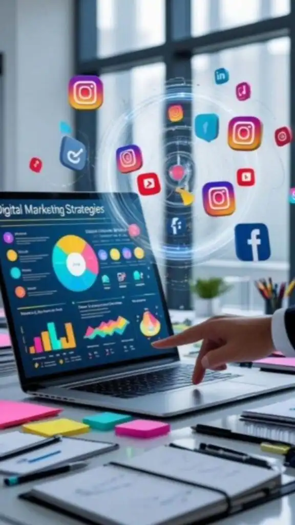Laptop displaying digital marketing stats with floating social media icons, highlighting strategies and networking on a desk.