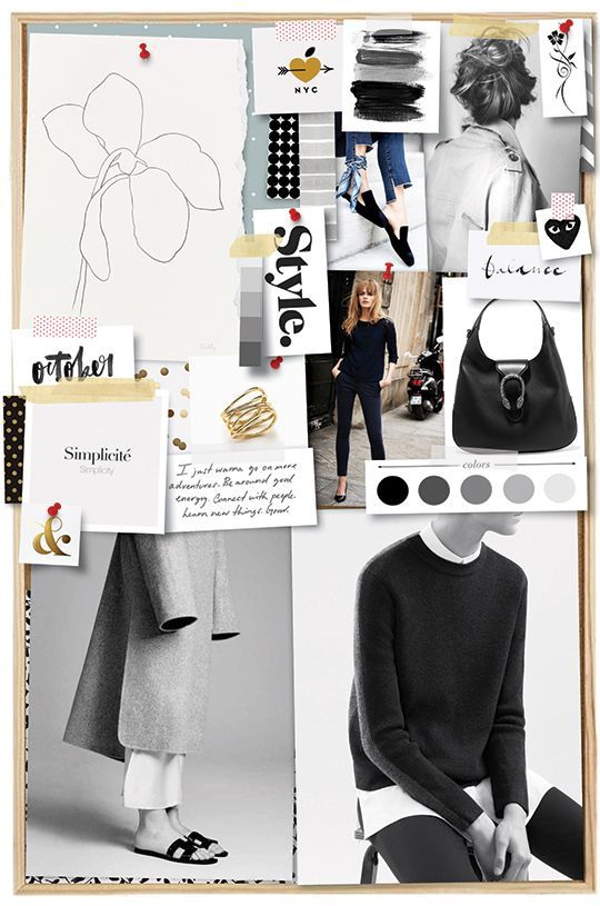 _ 5 Collage of fashion elements: clothing, accessories, mood colors, and text with a stylish and minimalist aesthetic hanging on a corkboard. | Sky Rye Design Collage of fashion elements: clothing, accessories, mood colors, and text with a stylish and minimalist aesthetic hanging on a corkboard.
