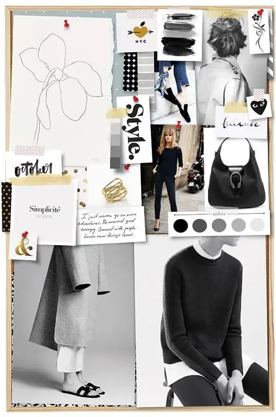 _ 5 Collage of fashion elements: clothing, accessories, mood colors, and text with a stylish and minimalist aesthetic hanging on a corkboard. | Sky Rye Design Collage of fashion elements: clothing, accessories, mood colors, and text with a stylish and minimalist aesthetic hanging on a corkboard.