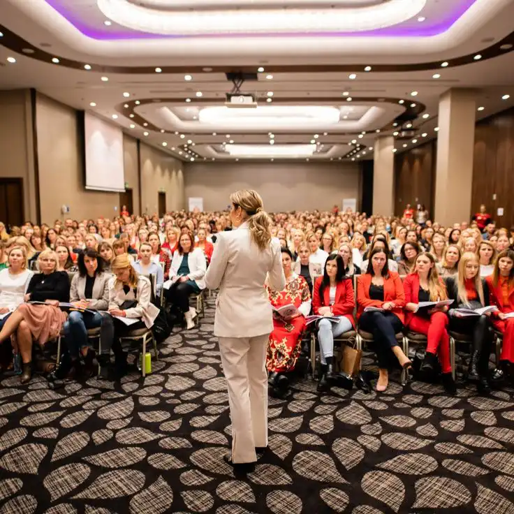 Woman in white suit addresses a large audience in a conference hall, engaging attendees.