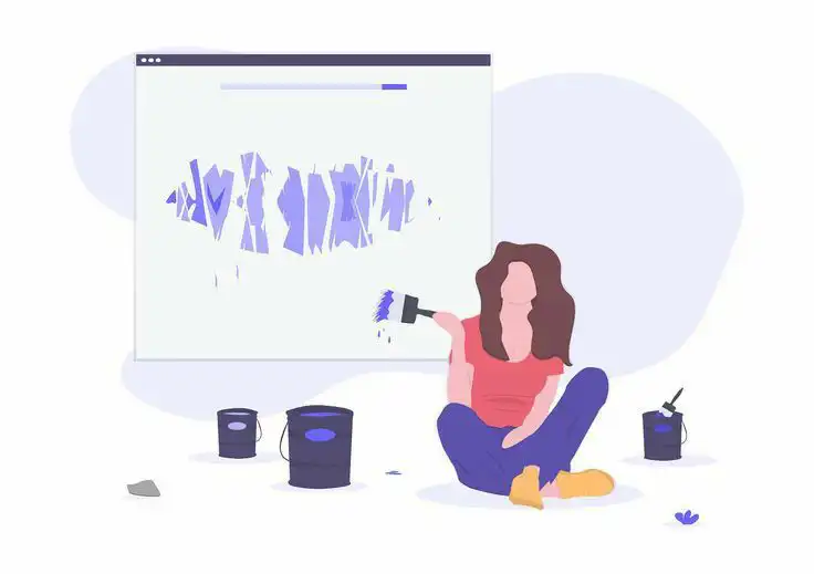 _ 5 Illustration of a person painting a digital canvas with colors, surrounded by paint buckets, showcasing creativity and digital art. | Sky Rye Design Illustration of a person painting a digital canvas with colors, surrounded by paint buckets, showcasing creativity and digital art.