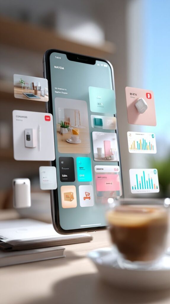 _ 5 Futuristic smartphone interface displaying floating 3D apps, data analytics, and home control features with a blurred coffee cup in foreground. | Sky Rye Design Futuristic smartphone interface displaying floating 3D apps, data analytics, and home control features with a blurred coffee cup in foreground.