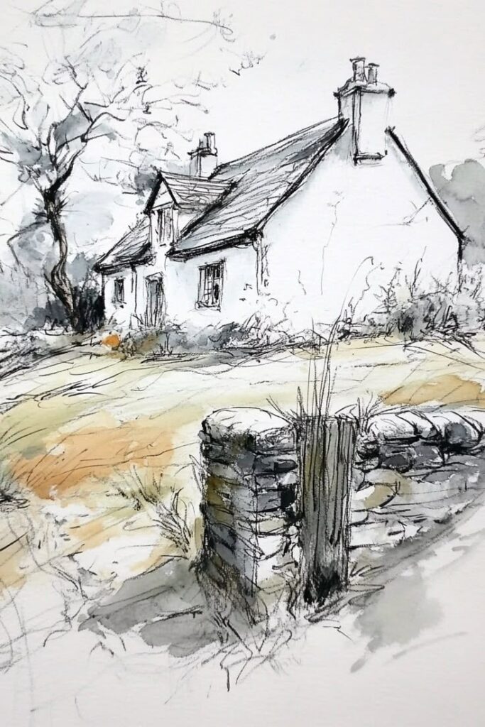 50 Whimsical Cottage Sketches Drawings Ideas You Will Love Sketch of a quaint cottage behind a stone wall, surrounded by trees and grass, capturing the charm of rural countryside living. | Sky Rye Design Sketch of a quaint cottage behind a stone wall, surrounded by trees and grass, capturing the charm of rural countryside living.