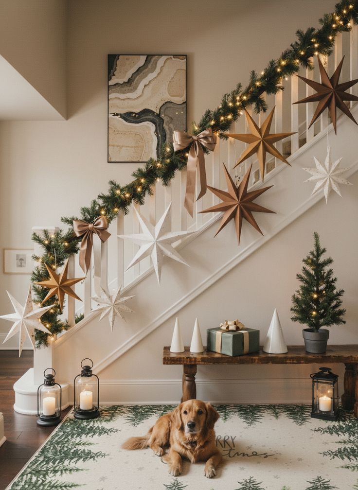 501857806a6cada7c25e53afb8a47e47 Festive staircase with star decorations, garland, and candles; a golden retriever lounges on a holiday-themed rug near a wooden bench. | Sky Rye Design Festive staircase with star decorations, garland, and candles; a golden retriever lounges on a holiday-themed rug near a wooden bench.