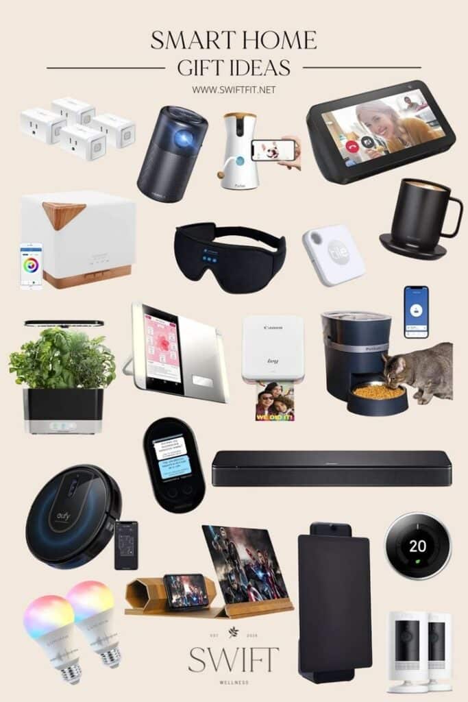 53 Cool Tech Gifts To Create The Ultimate Smart Home _ Swift Wellness Smart home gift ideas collage with gadgets like smart plugs, speakers, smart displays, cameras, and kitchen gadgets for tech enthusiasts. | Sky Rye Design Smart home gift ideas collage with gadgets like smart plugs, speakers, smart displays, cameras, and kitchen gadgets for tech enthusiasts.