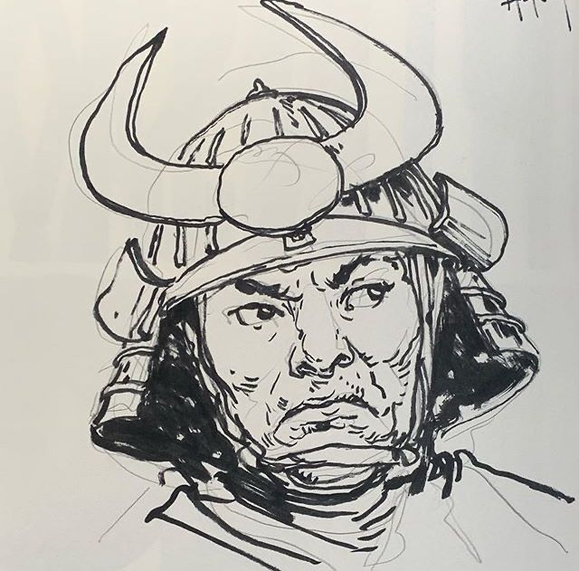 5415d45352b6555ce27ec86973fd8efc Ink drawing of a samurai wearing traditional helmet with large horns, displaying a stern expression. Black and white illustration. | Sky Rye Design Ink drawing of a samurai wearing traditional helmet with large horns, displaying a stern expression. Black and white illustration.
