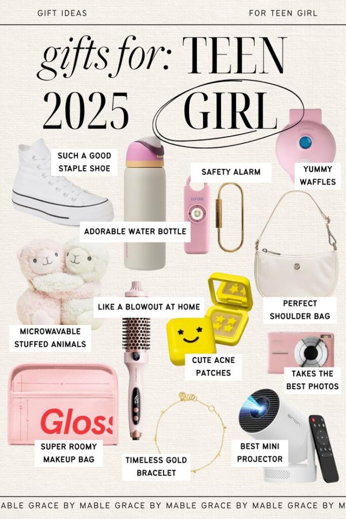 55 Cute + Affordable Gifts for Teen Girls That Theyll Obsess Over Teen girl gift guide 2025: shoes, water bottle, safety alarm, waffles, stuffed animals, makeup bag, bracelets, acne patches, projector. | Sky Rye Design Teen girl gift guide 2025: shoes, water bottle, safety alarm, waffles, stuffed animals, makeup bag, bracelets, acne patches, projector.
