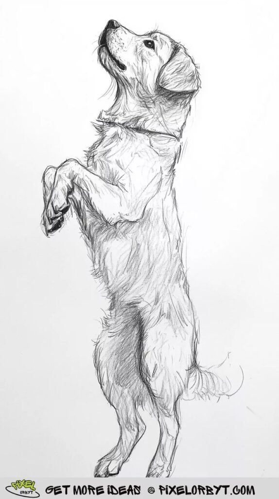 55+ Dog Sketching Ideas To Give You A Smile - Pixel Orbyt Pencil sketch of a dog standing on hind legs, showcasing its playful and alert posture against a plain background. | Sky Rye Design Pencil sketch of a dog standing on hind legs, showcasing its playful and alert posture against a plain background.