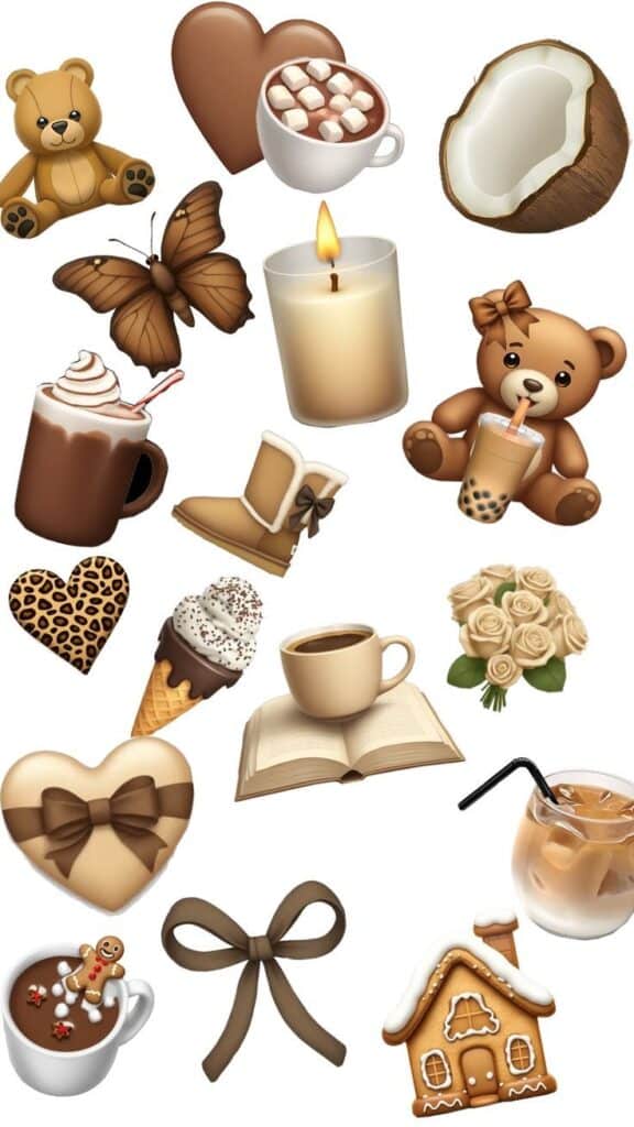 _ 56 Cute and cozy icons including teddy bears, cocoa, candles, hearts, flowers, and treats in a warm, brown color palette for winter vibes. | Sky Rye Design Cute and cozy icons including teddy bears, cocoa, candles, hearts, flowers, and treats in a warm, brown color palette for winter vibes.
