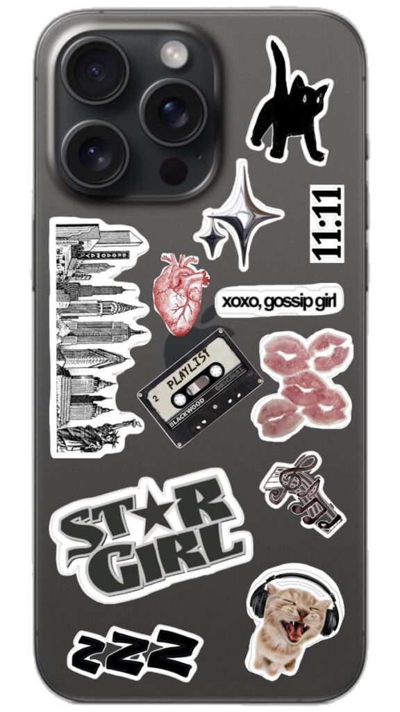 _ 57 Phone case with various stickers, including a cat, New York skyline, cassette, heart, lips, Star Girl, music notes, and more. | Sky Rye Design Phone case with various stickers, including a cat, New York skyline, cassette, heart, lips, Star Girl, music notes, and more.