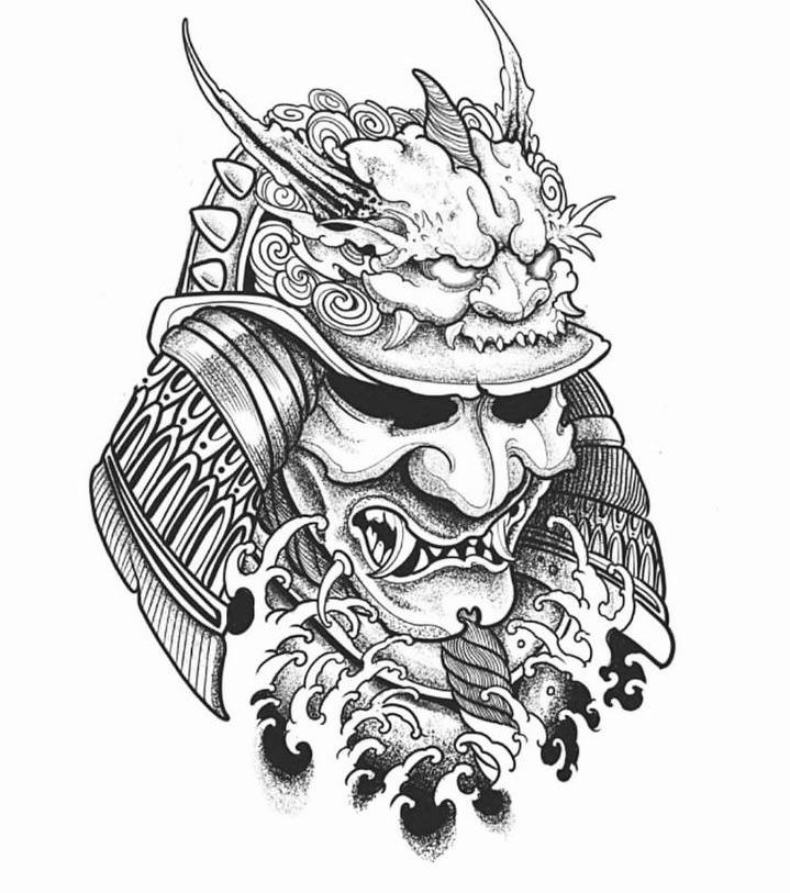 5706e82d-5b55-47e5-919a-ac1230567b2b Intricate samurai helmet tattoo design with fierce expression, dragon details, and swirling waves. Black and white artwork. | Sky Rye Design Intricate samurai helmet tattoo design with fierce expression, dragon details, and swirling waves. Black and white artwork.