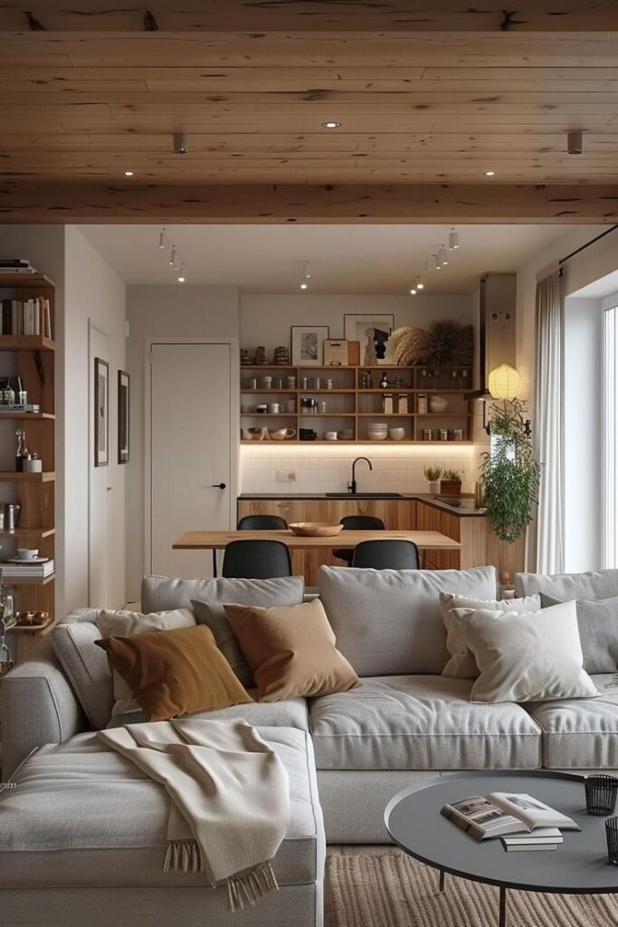 57706b5e-4ae7-4e49-ad11-a73b918ec4d3 Modern open-plan living room and kitchen with beige sofa, cozy cushions, wooden accents, and natural light. Warm, inviting interior design. | Sky Rye Design Modern open-plan living room and kitchen with beige sofa, cozy cushions, wooden accents, and natural light. Warm, inviting interior design.