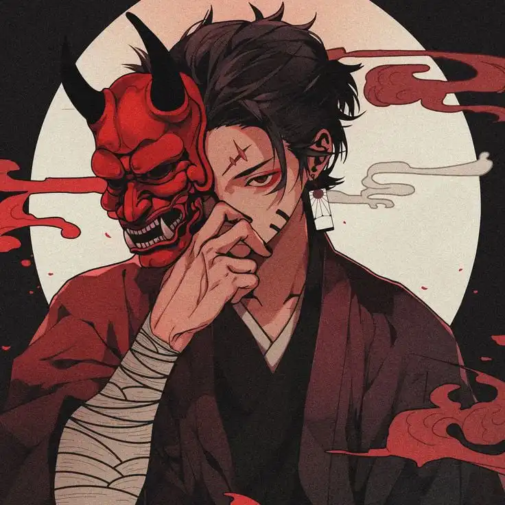579ff535-6ee3-48e5-976c-d47ad49701bd Anime character holding a red oni mask, wearing traditional Japanese attire, set against a moonlit background with swirling smoke designs. | Sky Rye Design Anime character holding a red oni mask, wearing traditional Japanese attire, set against a moonlit background with swirling smoke designs.