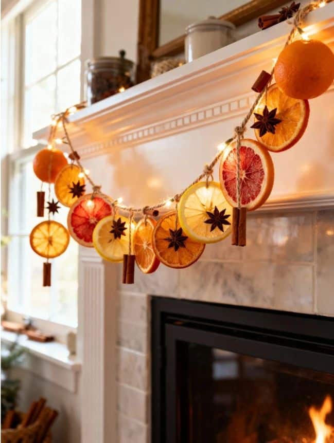 57dfca4e1f171743a18159af1f023f59 Festive garland decor with dried citrus slices, star anise, and cinnamon sticks on a mantle, creating a warm, cozy ambiance. | Sky Rye Design Festive garland decor with dried citrus slices, star anise, and cinnamon sticks on a mantle, creating a warm, cozy ambiance.