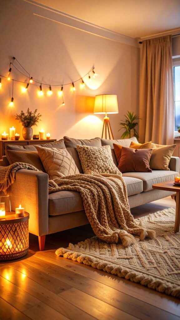 594b9cb5-4ecc-4883-9d81-f696ea32b98d Cozy living room with a soft sofa, warm blankets, string lights, candles, and a floor lamp creating a relaxing, inviting ambiance. | Sky Rye Design Cozy living room with a soft sofa, warm blankets, string lights, candles, and a floor lamp creating a relaxing, inviting ambiance.