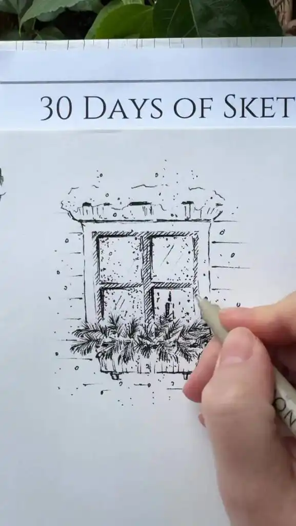 5b2ae2ed8363c622b75030d9731b8139 Sketch of a window with plants below, part of a 30 Days of Sketch challenge, drawn by hand with black ink pen. | Sky Rye Design Sketch of a window with plants below, part of a 30 Days of Sketch challenge, drawn by hand with black ink pen.