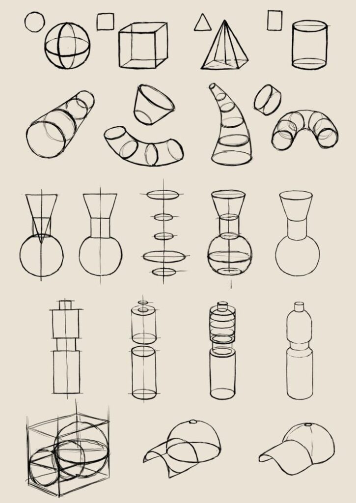 5bb5ac6ab149374aab2fd1dd57e4151b Sketches of geometric and organic forms, including spheres, cubes, spirals, and cylinders, demonstrating basic 3D shapes for drawing. | Sky Rye Design Sketches of geometric and organic forms, including spheres, cubes, spirals, and cylinders, demonstrating basic 3D shapes for drawing.