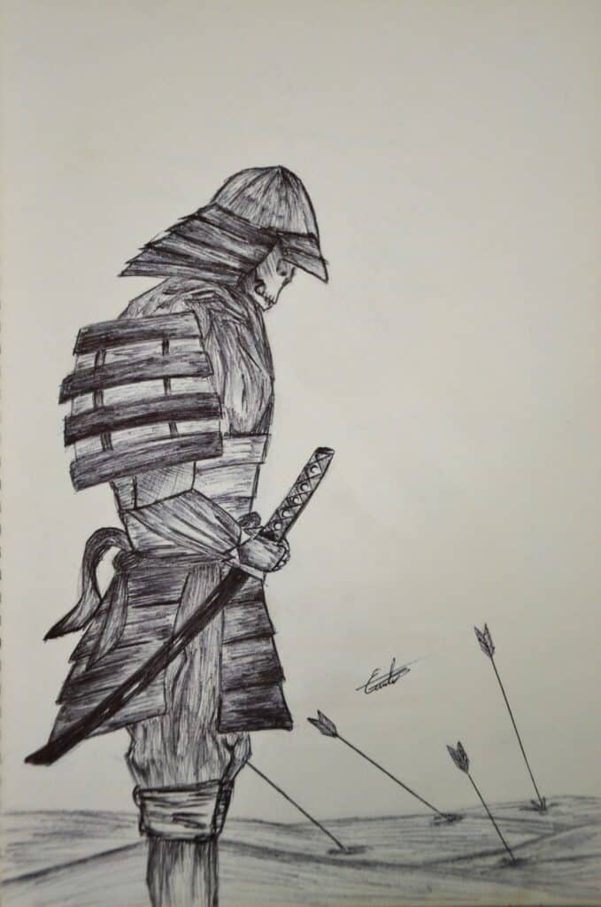 5c3cb0569e6fa7fc944f9b015d5e63b3 Sketch of a samurai warrior in traditional armor, holding a katana, surrounded by arrows on a battlefield. | Sky Rye Design Sketch of a samurai warrior in traditional armor, holding a katana, surrounded by arrows on a battlefield.