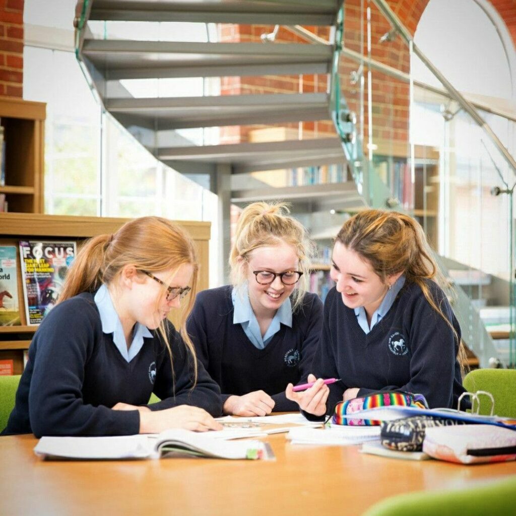 5cdf5aac0b6bd4bfc8231bc45814152b Three students in school uniforms studying and collaborating cheerfully in a bright library space. | Sky Rye Design Three students in school uniforms studying and collaborating cheerfully in a bright library space.