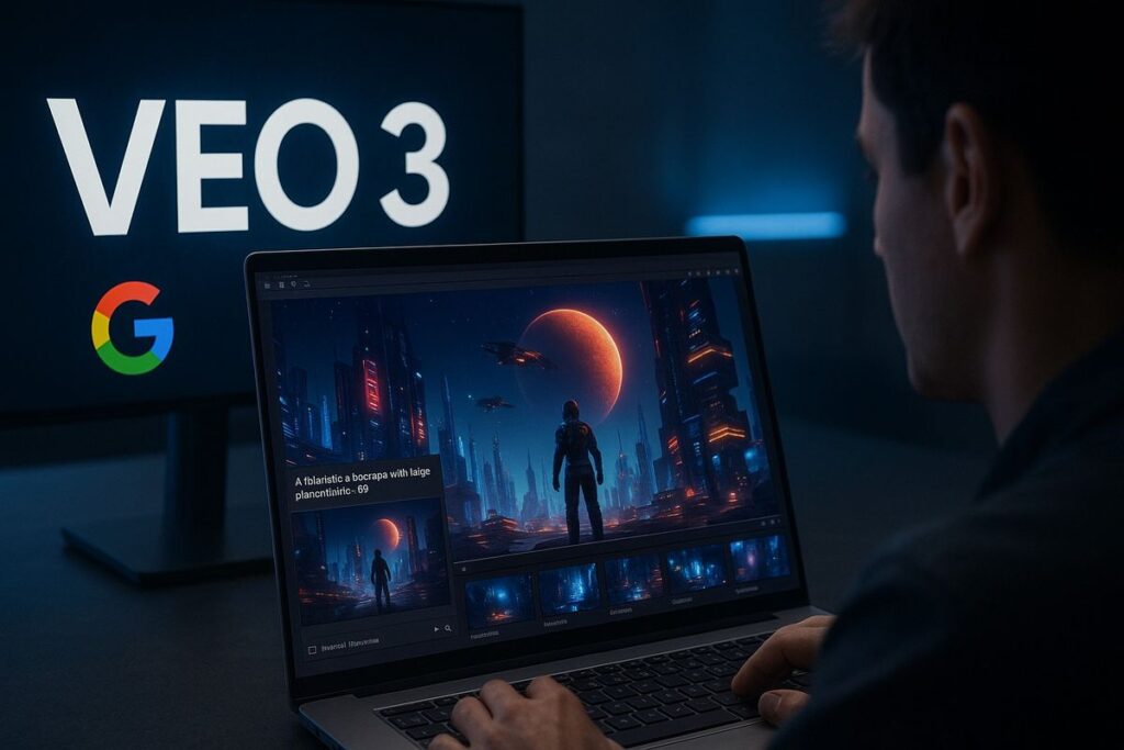 5cff83c3dff77c84ec6ba5974b0096ad Person working on a laptop featuring futuristic cityscape art, with VEO 3 displayed on a monitor in a dimly lit room. | Sky Rye Design Person working on a laptop featuring futuristic cityscape art, with VEO 3 displayed on a monitor in a dimly lit room.