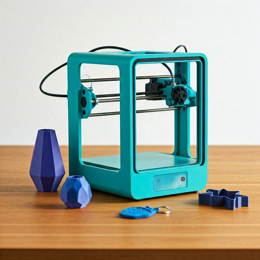 Compact 3D printer on wooden table with blue geometric objects, showcasing modern technology for creative and educational projects.