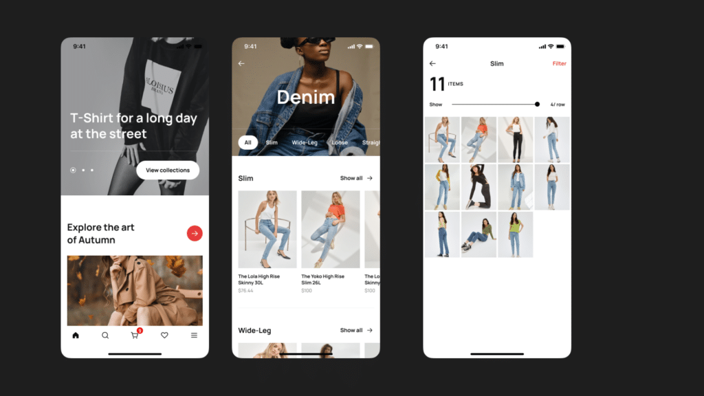 Fashion app UI showcasing T-shirts and denim for autumn. Features product categories, collections, and a variety of jeans styles.