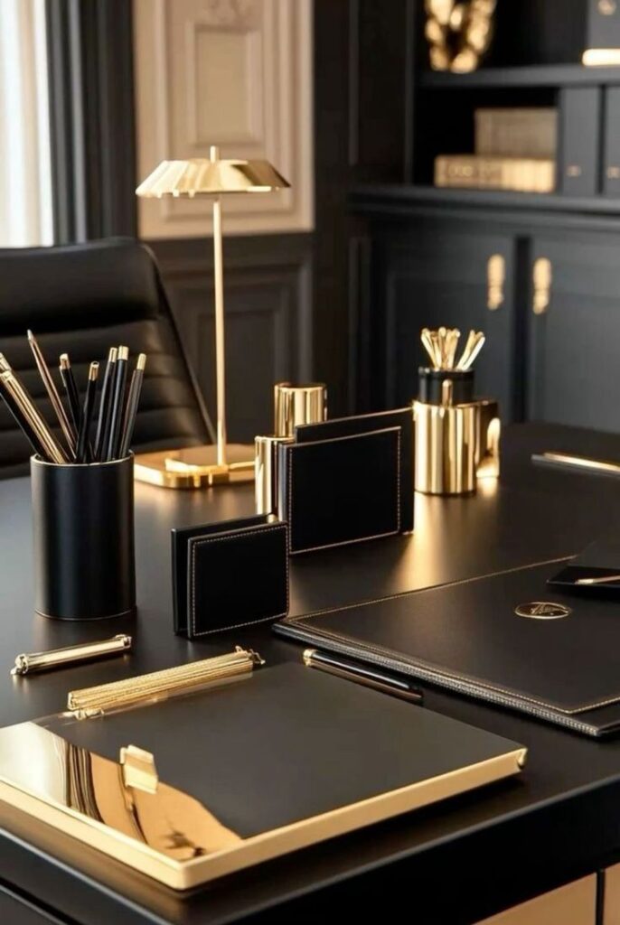 5f53d05b-3a04-4c52-a5f8-b6c60d1f436b Luxurious black and gold office desk setup with leather accessories, elegant lamp, and organized stationery for a sophisticated workspace. | Sky Rye Design Luxurious black and gold office desk setup with leather accessories, elegant lamp, and organized stationery for a sophisticated workspace.