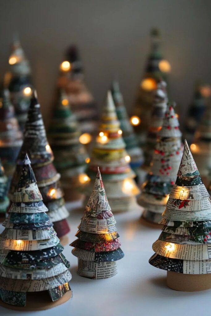 5fa98a805d94f7a1aaad87ba54a9ea88 Miniature paper Christmas trees with warm lights create a festive holiday atmosphere on a white surface. | Sky Rye Design Miniature paper Christmas trees with warm lights create a festive holiday atmosphere on a white surface.