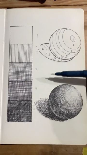 Sketchbook page showing shading techniques with a sphere and crosshatch patterns next to a pen, illustrating artistic practice.