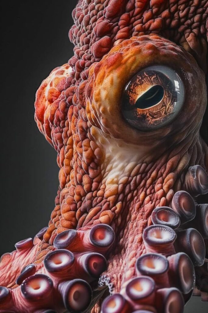 _ 6 Close-up of a vibrant octopus showcasing its textured skin and detailed eye, highlighting marine life beauty and diversity. | Sky Rye Design Close-up of a vibrant octopus showcasing its textured skin and detailed eye, highlighting marine life beauty and diversity.