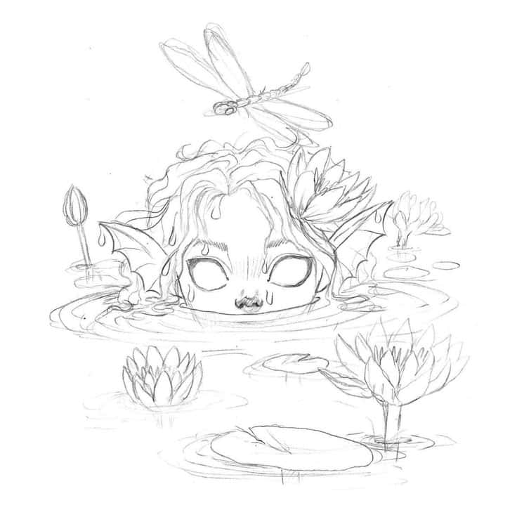 _ 6 Illustration of a small, whimsical creature with fins emerging from a pond, surrounded by water lilies and a hovering dragonfly. | Sky Rye Design Illustration of a small, whimsical creature with fins emerging from a pond, surrounded by water lilies and a hovering dragonfly.